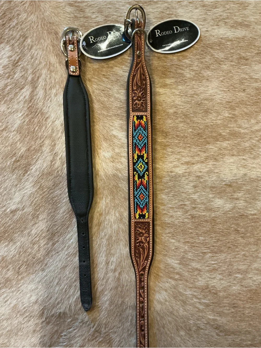 Brown Leather Beaded Dog Collar - Multicolor Bead Inlay